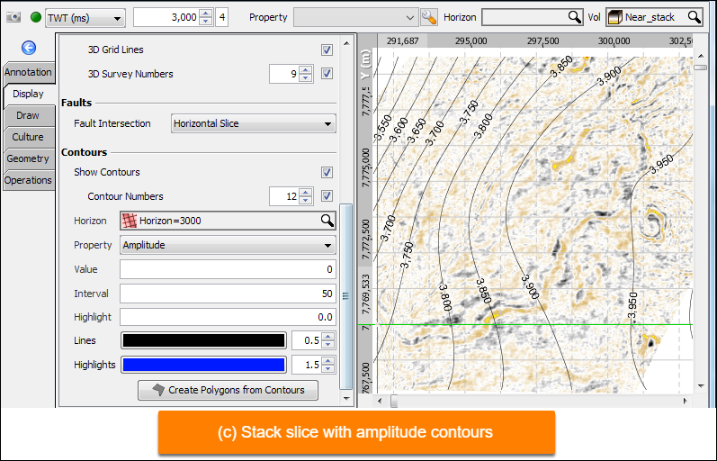 c) Display contours for extracted amplitudes at a constant time from one volume, while showing the corresponding slice from a stack by using this workflow.