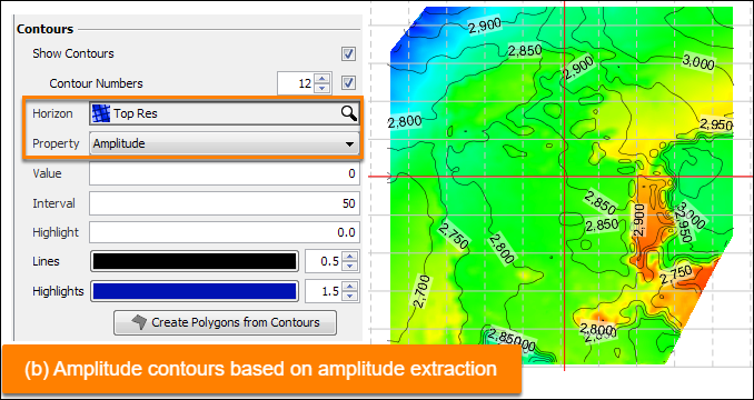 b) Display contours for extracted amplitudes on a TWT horizon by selecting the Amplitude property for the "Top Res" horizon.