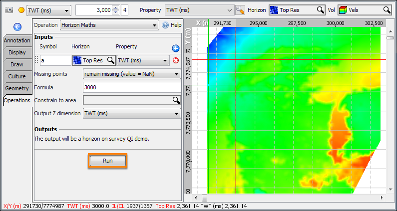 Display contours based on amplitude extraction