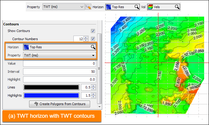 a) Display time contours for a TWT horizon by selecting the TWT property for the "Top Res" horizon.