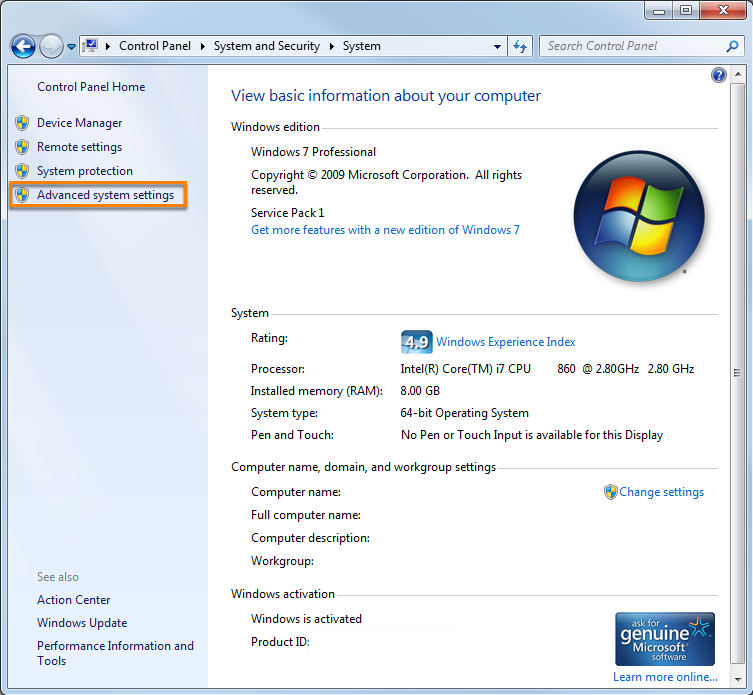 Configure advanced system settings