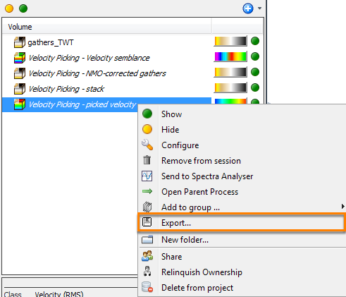 Export picked velocity