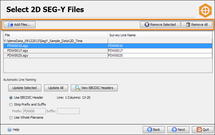 Select 2D SEG-Y files for import