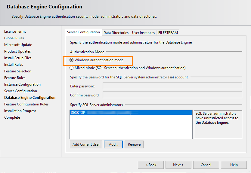Database Engine Configuration