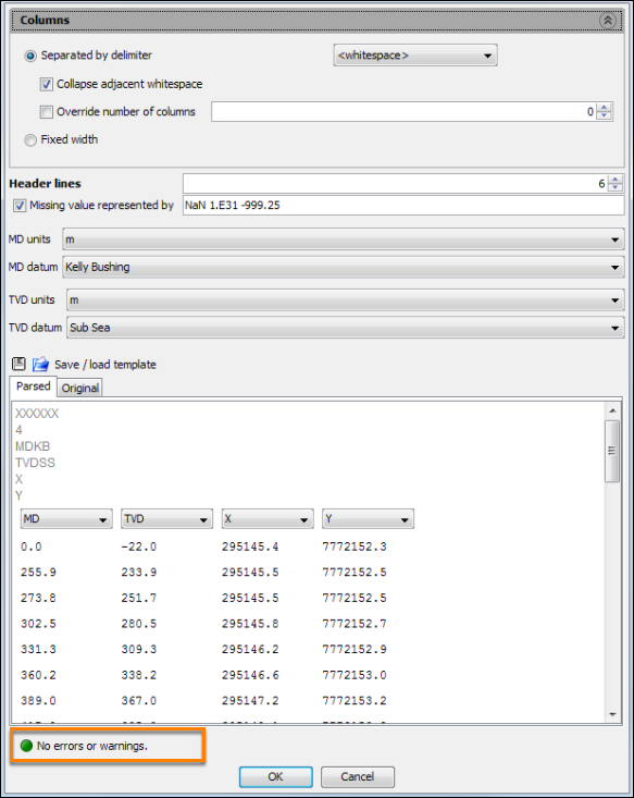 Configure import parameters for deviation file