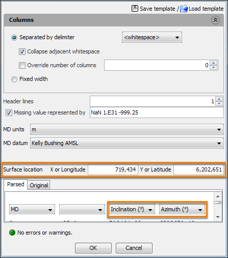 Use inclination and azimuth as location columns