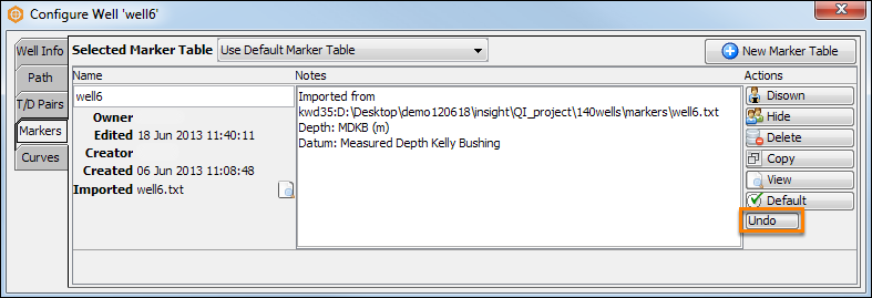 Undo/redo change in a well component