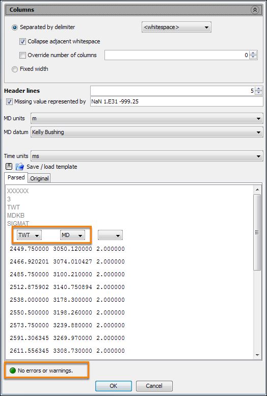 Configure import parameters for checkshots file