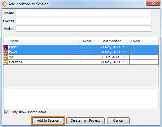 Select item(s) to add to the session