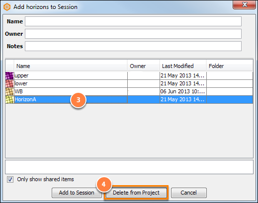 Delete an item from the project database in the Search dialog