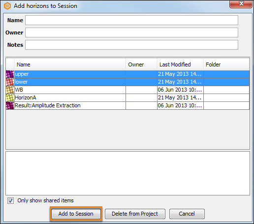 Select the horizons to be added to session