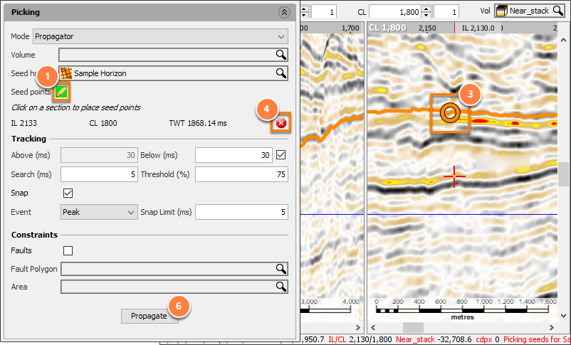 Pick seed points in a view and propagate horizon