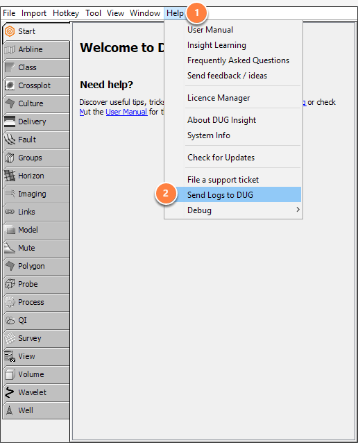 Sending logs via Help menu