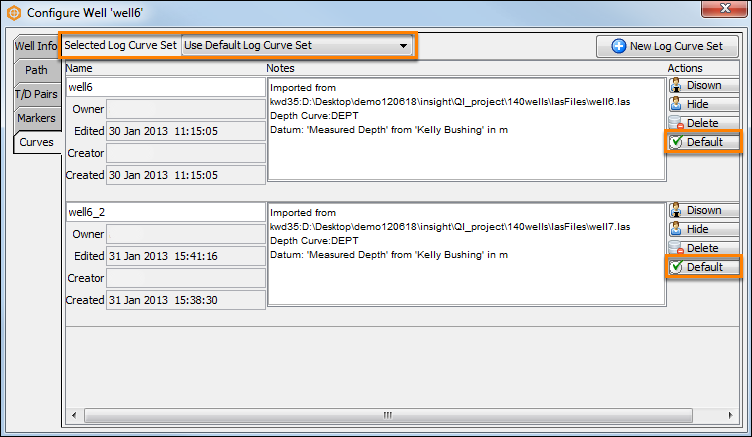 Using multiple default or selecting multiple files for well curves